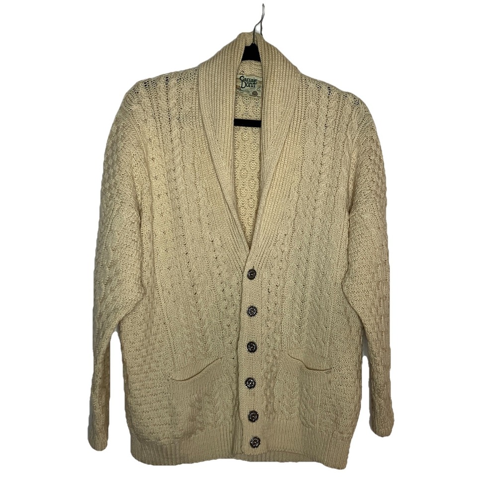Vintage Carraig Donn Cardigan Medium‎ Aran Wool Cable Knit Fisherman Coastal